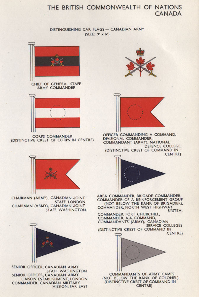 CANADA ARMY CAR FLAGS. Chief of General Staff. Corps/Area Commander 1958 print